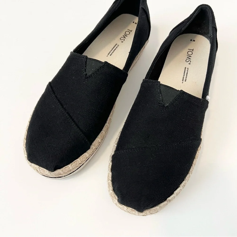 Toms Black Espadrille Platform Slip-Ons with Natural Jute Trim